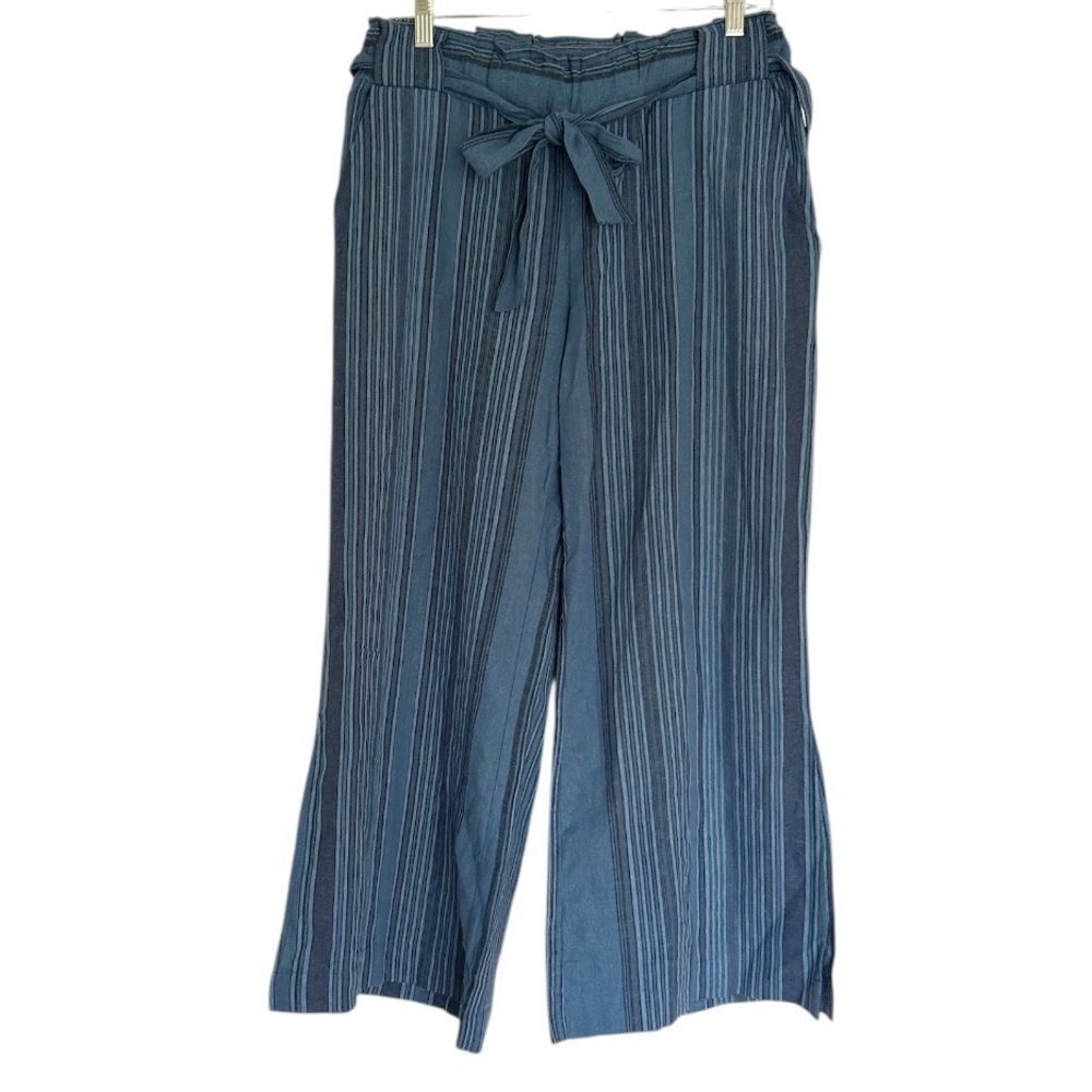 Indigo Rein Blue Linen Blend Belted Split Hem Wide Leg Pants Size Large